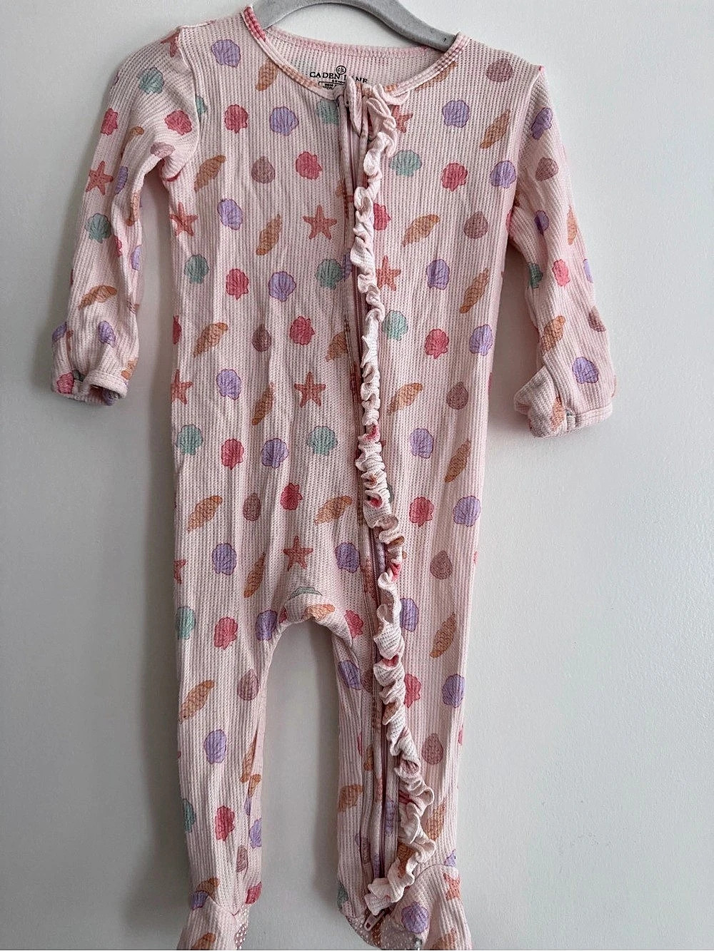 Caden Lane Seashells Ruffle Zip Romper Baby Pink Seashell Footie